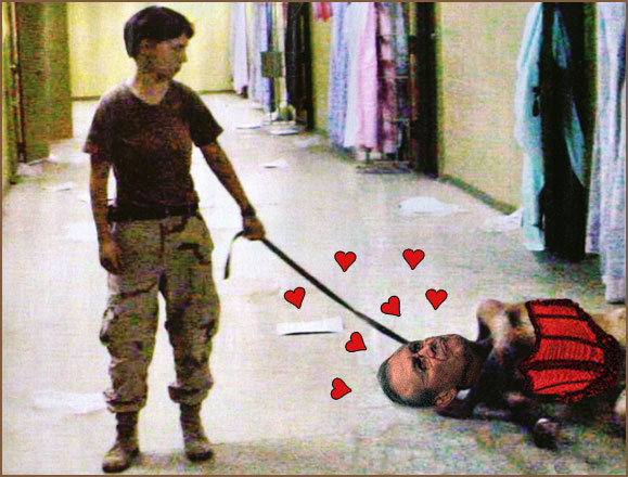 Pfc. Lynndie England has Rumsfeld on a tight leash